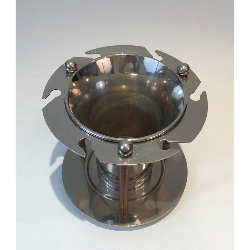 Vintage silver plated metal and leather champagne bucket with flutes display, France 1970