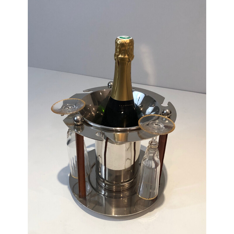 Vintage silver plated metal and leather champagne bucket with flutes display, France 1970