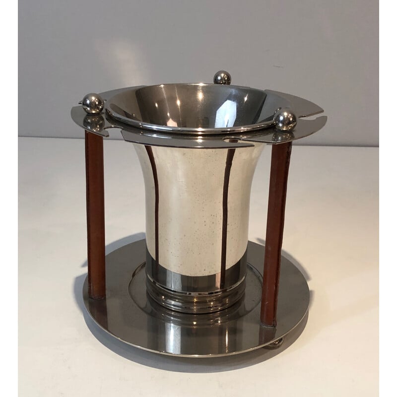 Vintage silver plated metal and leather champagne bucket with flutes display, France 1970