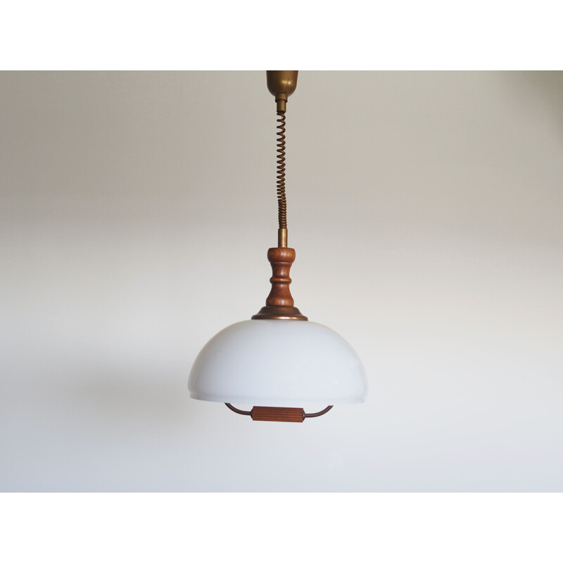 Vintage Scandinavian glass and wood pendant lamp, 1980s