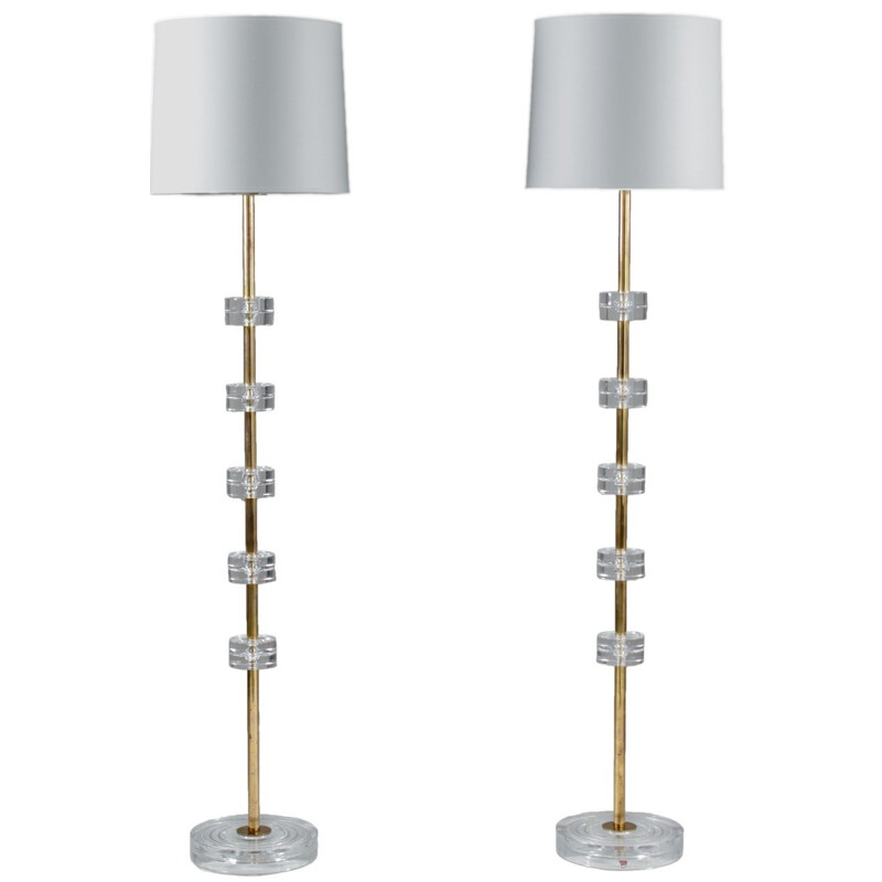 Pair of Orrefors floor lamps in brass and glass, Carl FAGERLUND - 1960s