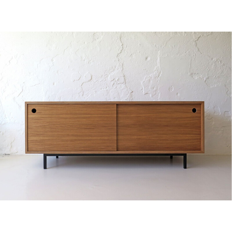 Credenza vintage in rovere e compensato con ante scorrevoli, 1980