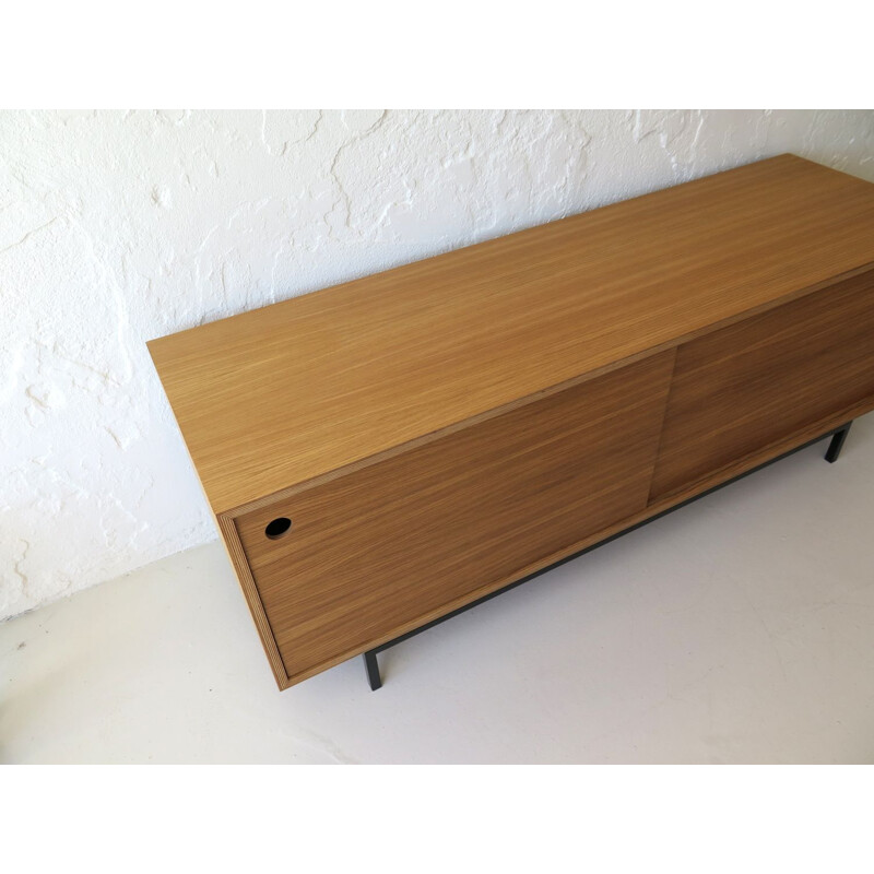 Vintage oak and plywood sideboard with sliding doors, 1980