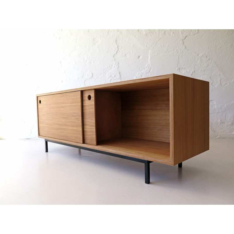 Vintage oak and plywood sideboard with sliding doors, 1980