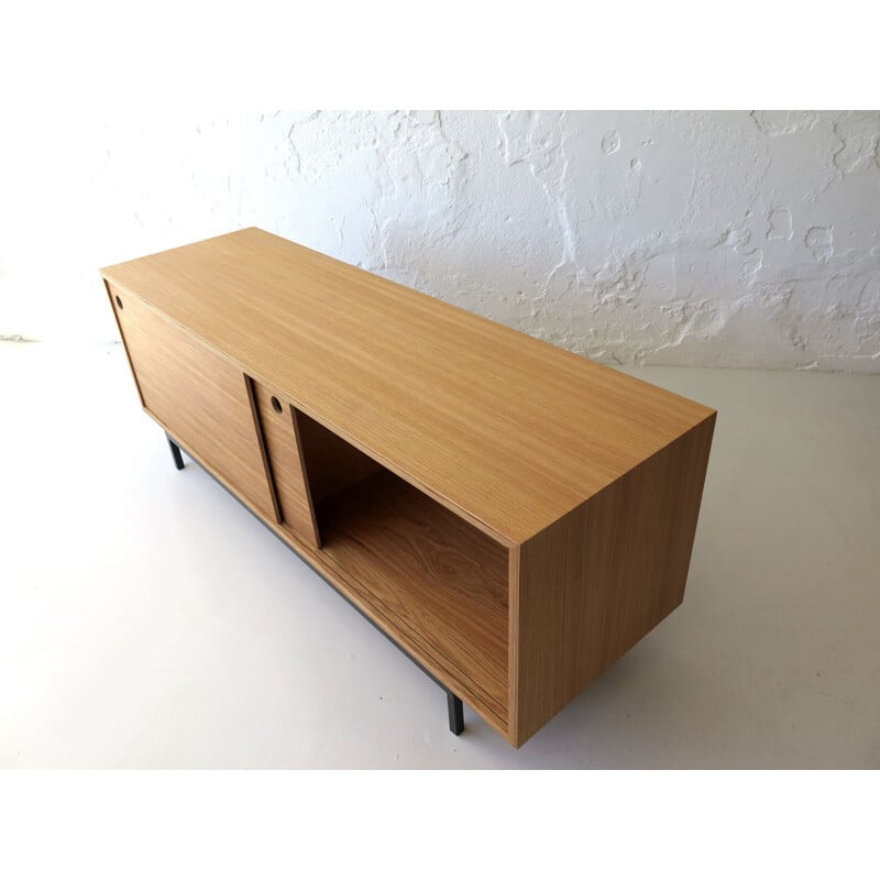 Vintage oak and plywood sideboard with sliding doors, 1980