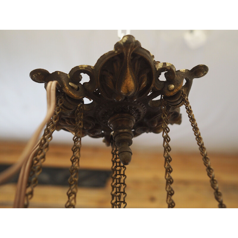 Vintage glass and brass chandelier, Netherlands 1980s