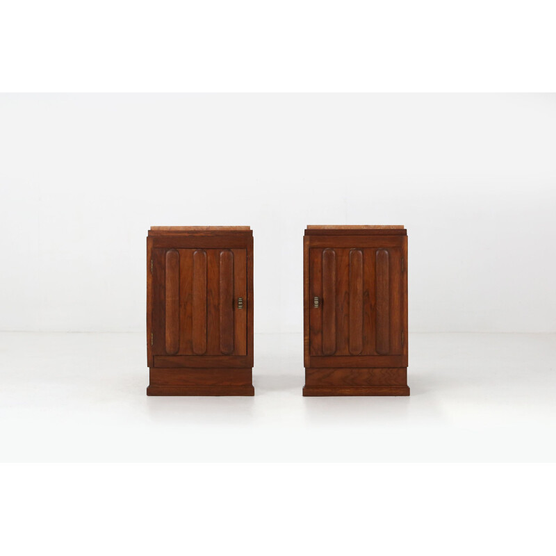 Pair of vintage Art Deco wood and marble top night stands, 1930s