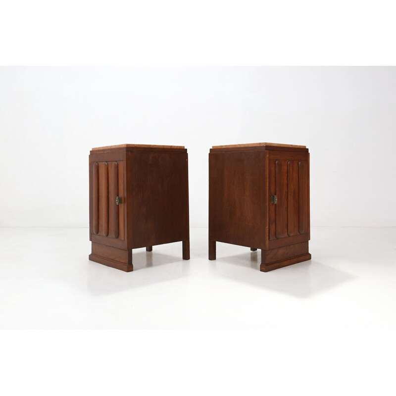 Pair of vintage Art Deco wood and marble top night stands, 1930s