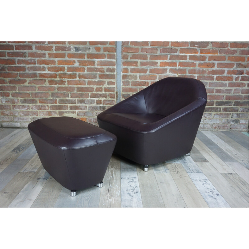 Cinna armchairs with ottoman in brown leather, François BAUCHE - 2000s