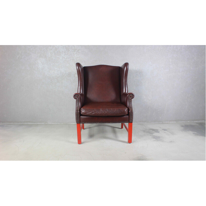 Sillón inglés vintage Wingback de cuero marrón