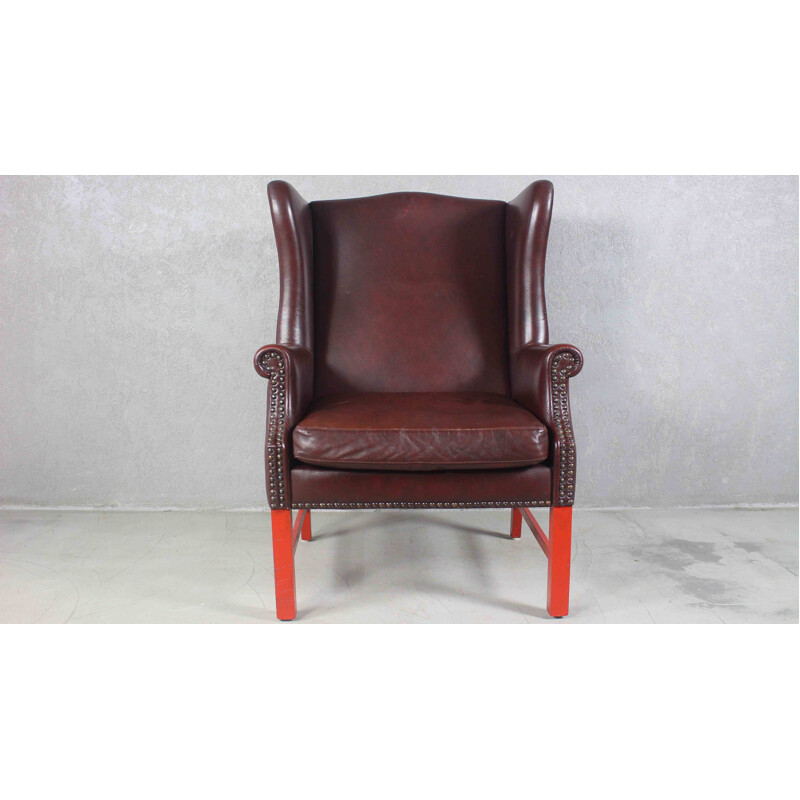 Vintage Engelse Wingback fauteuil in bruin leer