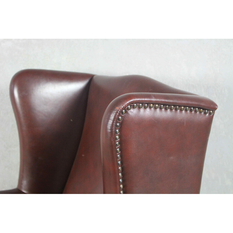 Vintage Engelse Wingback fauteuil in bruin leer