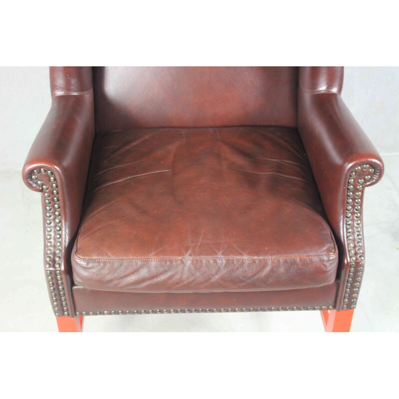 Englischer Vintage-Sessel Wingback aus braunem Leder