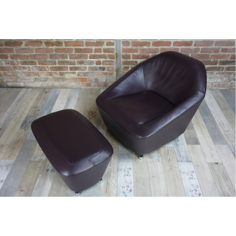 Cinna armchairs with ottoman in brown leather, François BAUCHE - 2000s