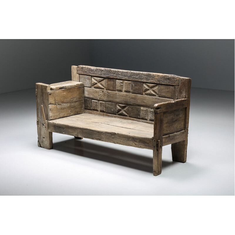Vintage rustic graphical bench with armrests, 1800s