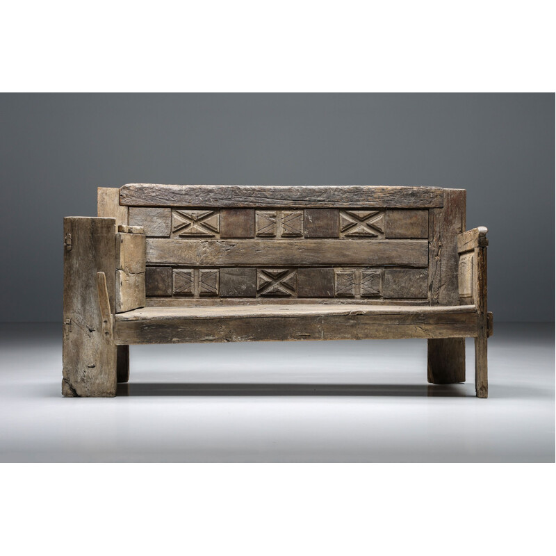 Vintage rustic graphical bench with armrests, 1800s