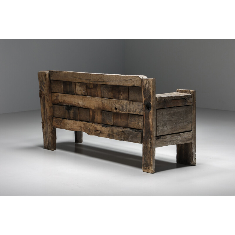 Vintage rustic graphical bench with armrests, 1800s