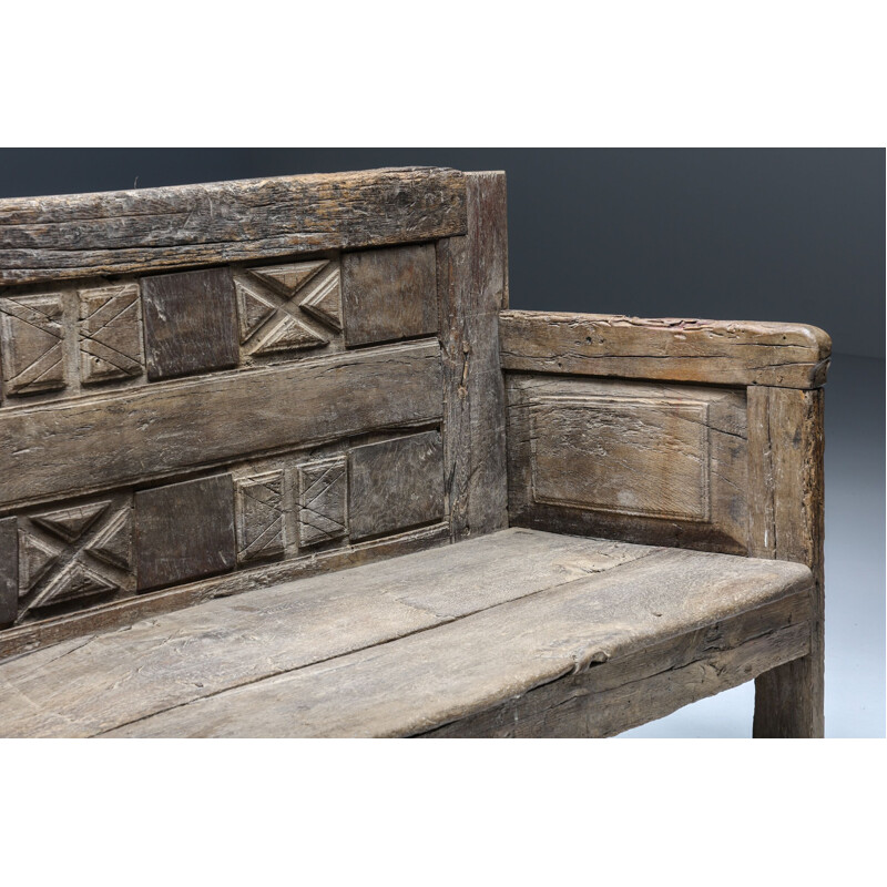 Vintage rustic graphical bench with armrests, 1800s