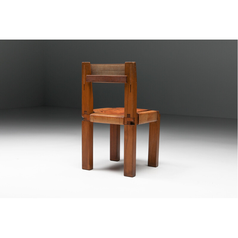 Vintage S11 solid elmwood & leather dining chair by Pierre Chapo, France 1960s