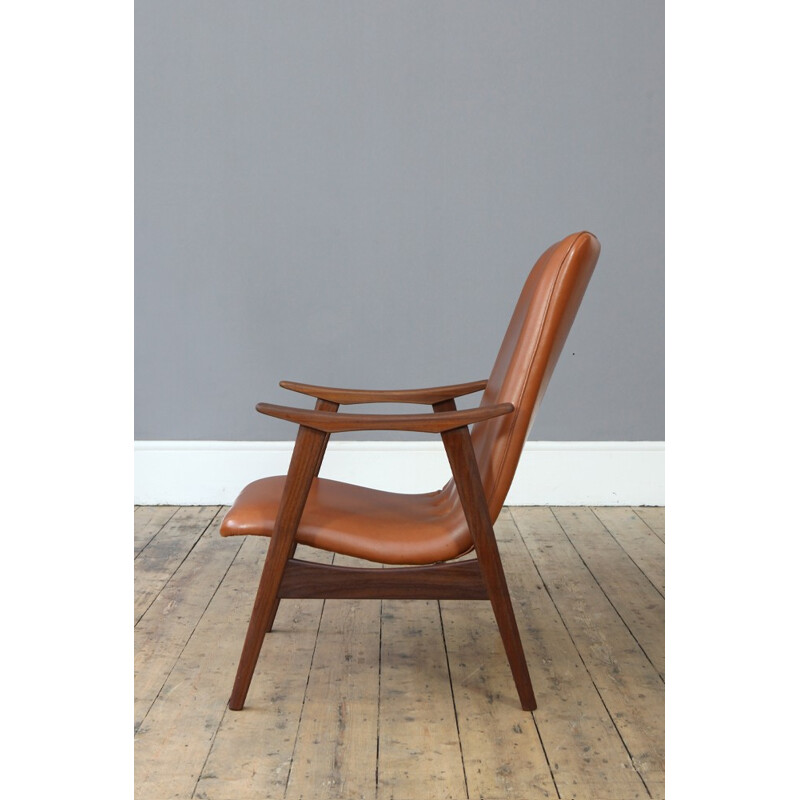 Dutch armchair in teak and brown leatherette - 1960s