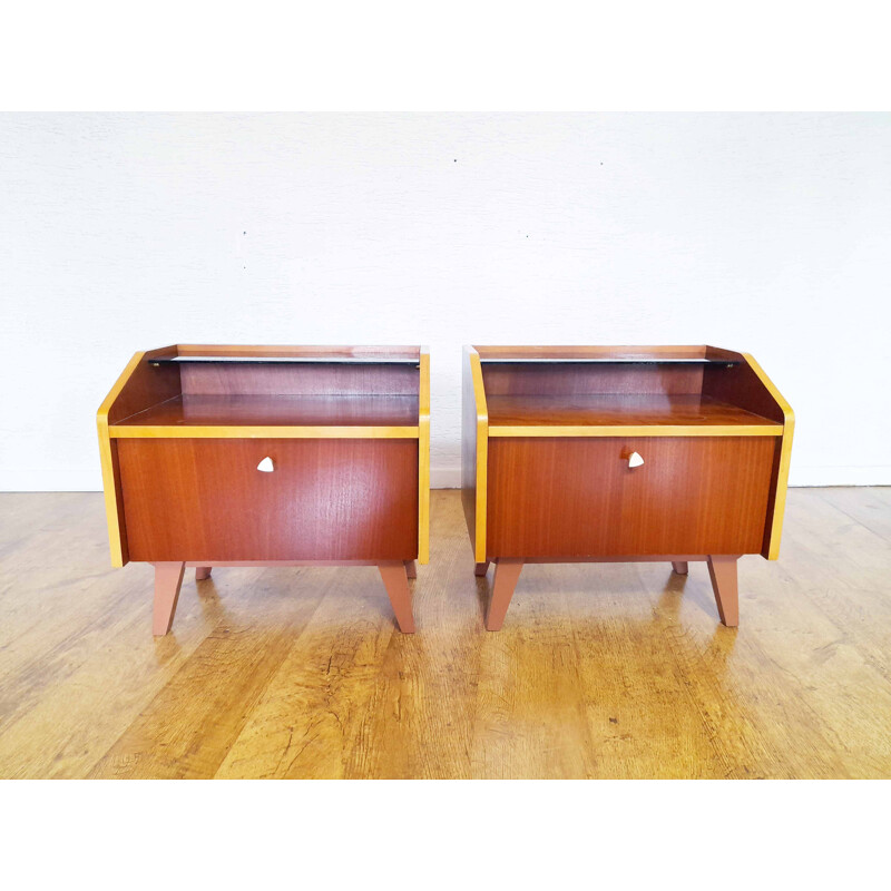 Pair of vintage glass and wood night stands, 1960-1970