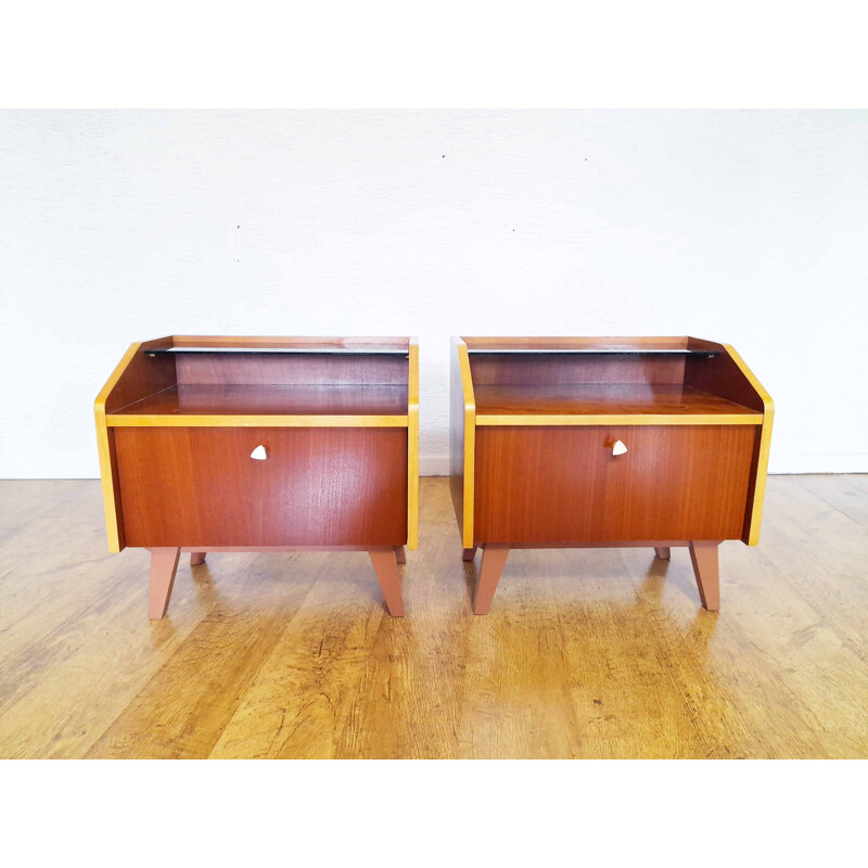 Coppia di comodini vintage in vetro e legno, 1960-1970
