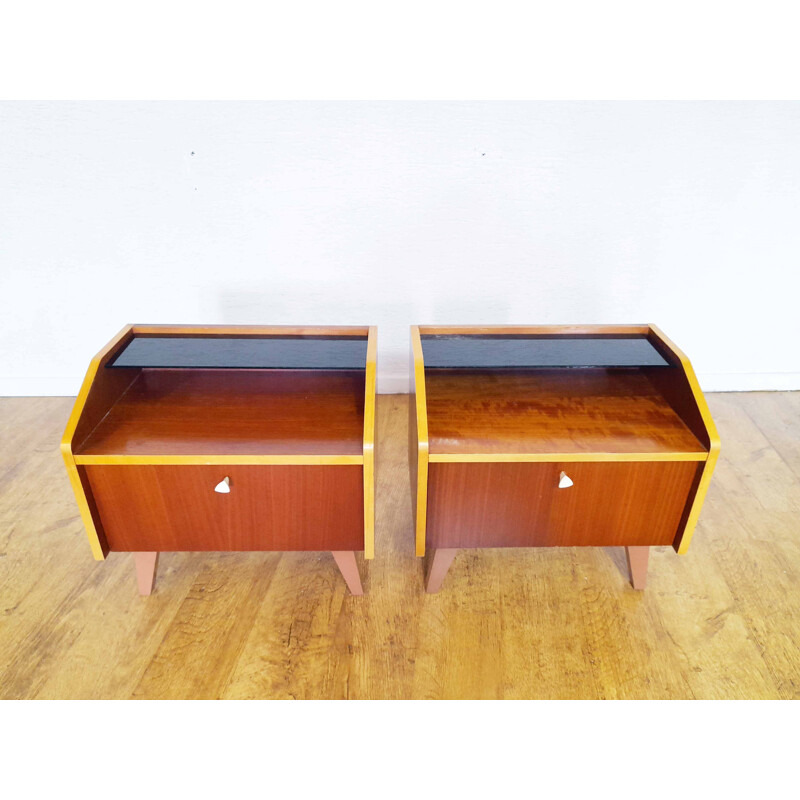 Pair of vintage glass and wood night stands, 1960-1970