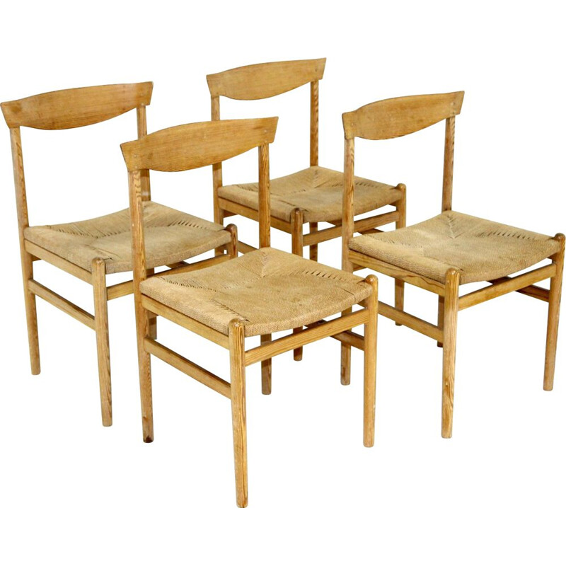 Set van 4 Scandinavische vintage stoelen van grenen en touw, Zweden 1960