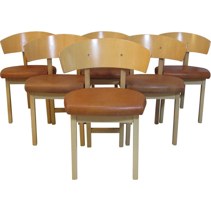 Set of 6 vintage dining chairs in leather and beechwood