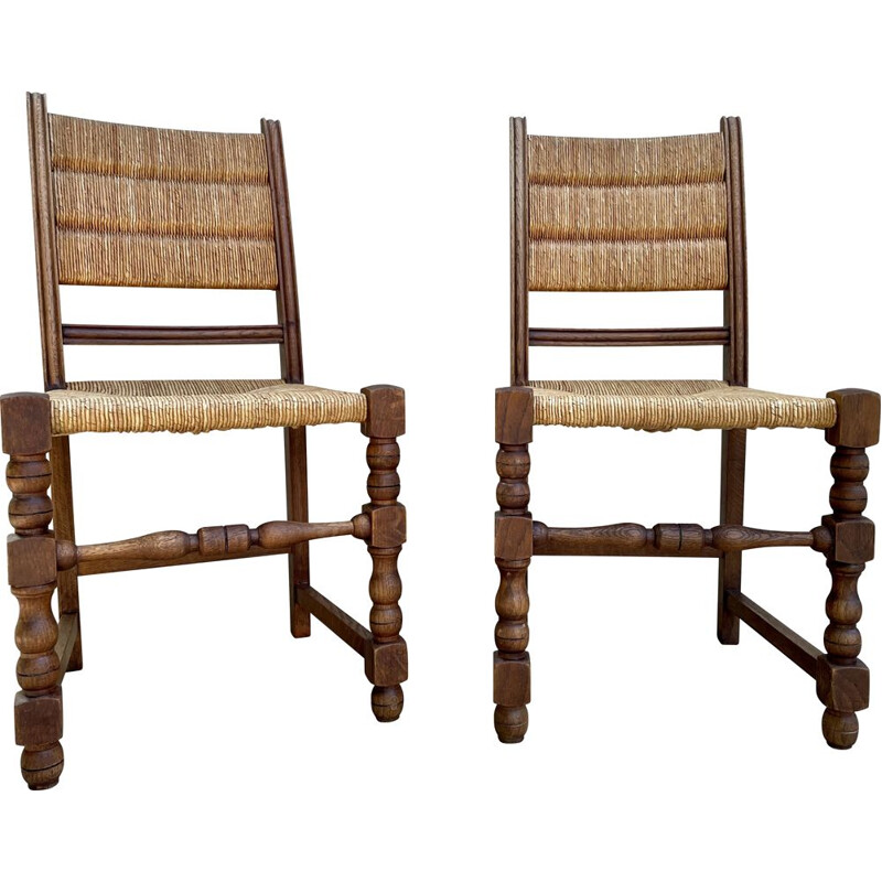 Pair of vintage chairs in solid oakwood and straw