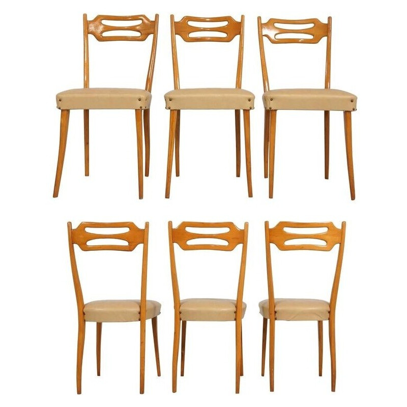 Set di 6 sedie italiane in acero e similpelle beige - 1950