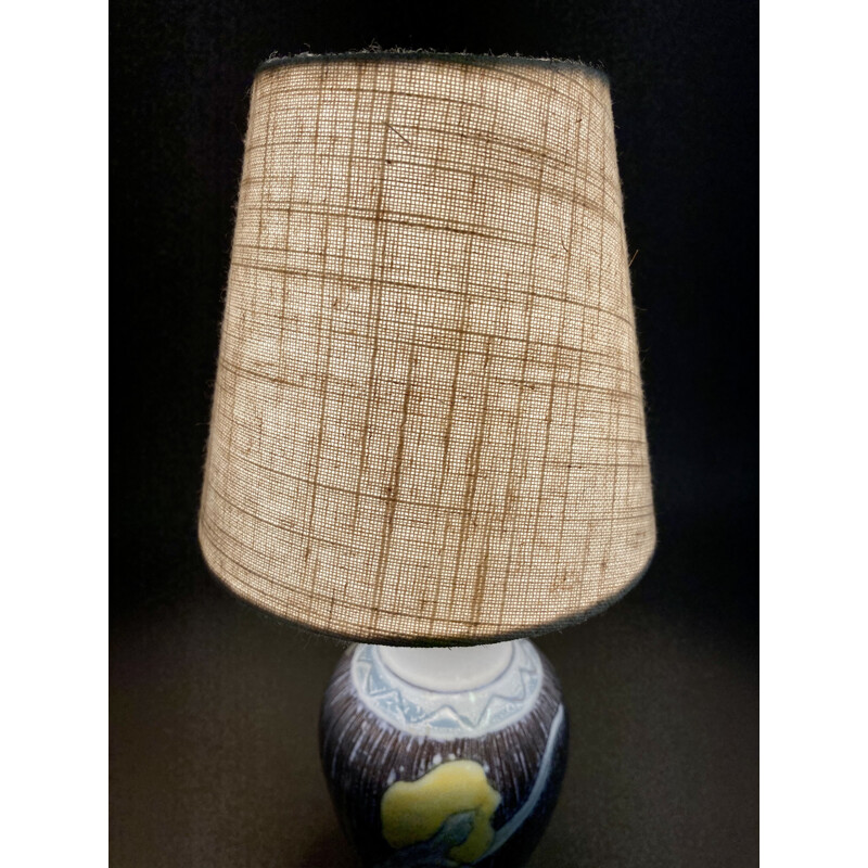 Scandinavian vintage lamp in ceramic and linen, 1960