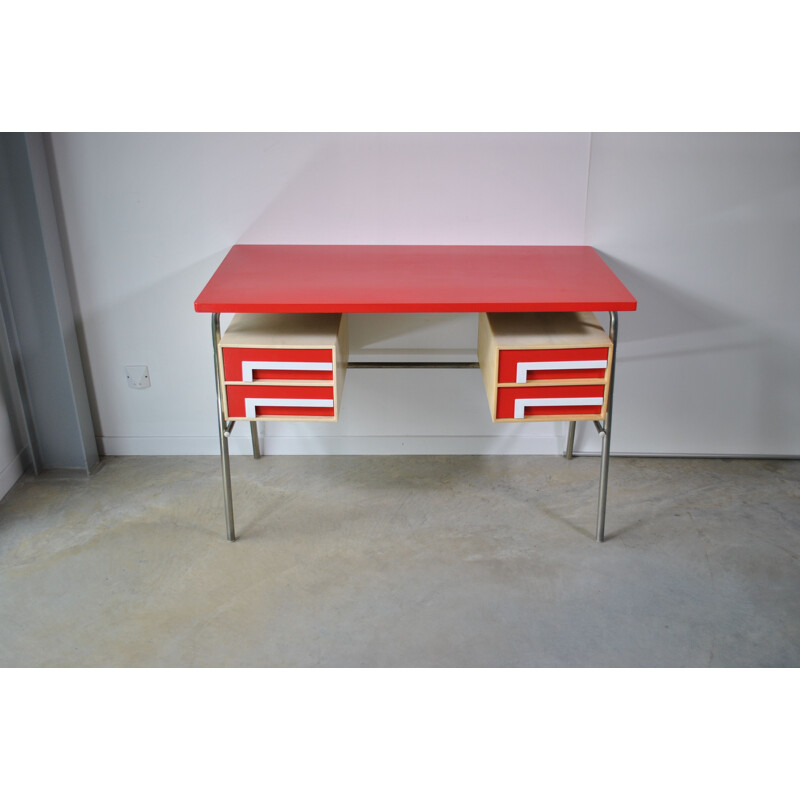 Bureau vintage rouge à 4 tiroirs, 1970