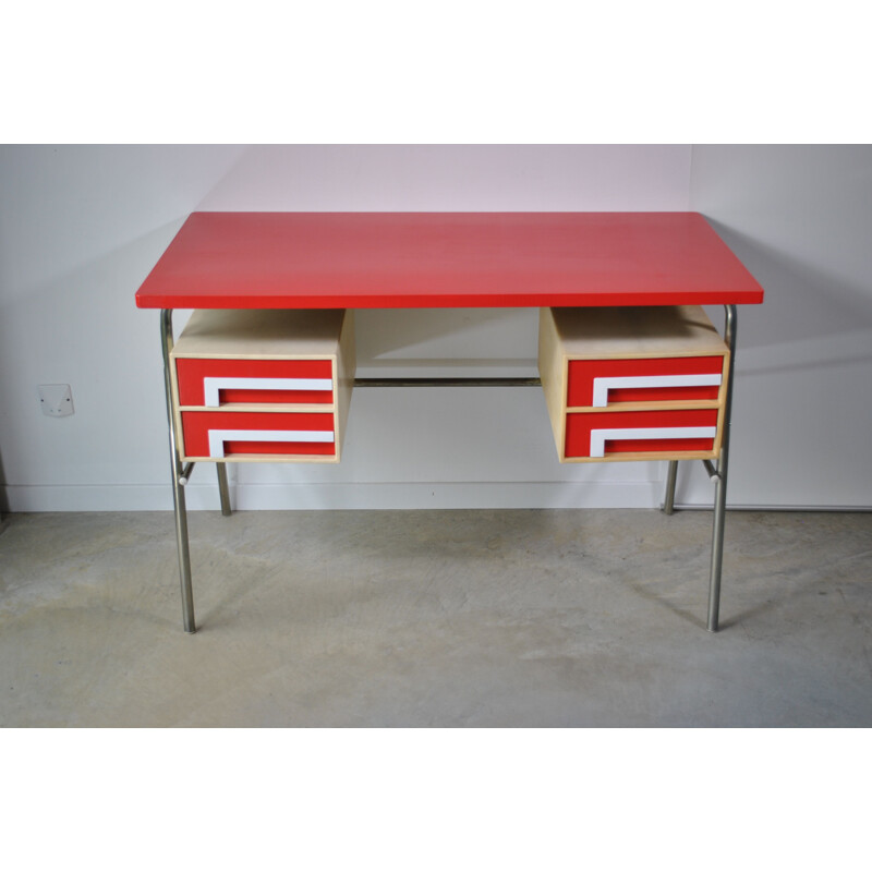 Vintage red desk with 4 drawers, 1970