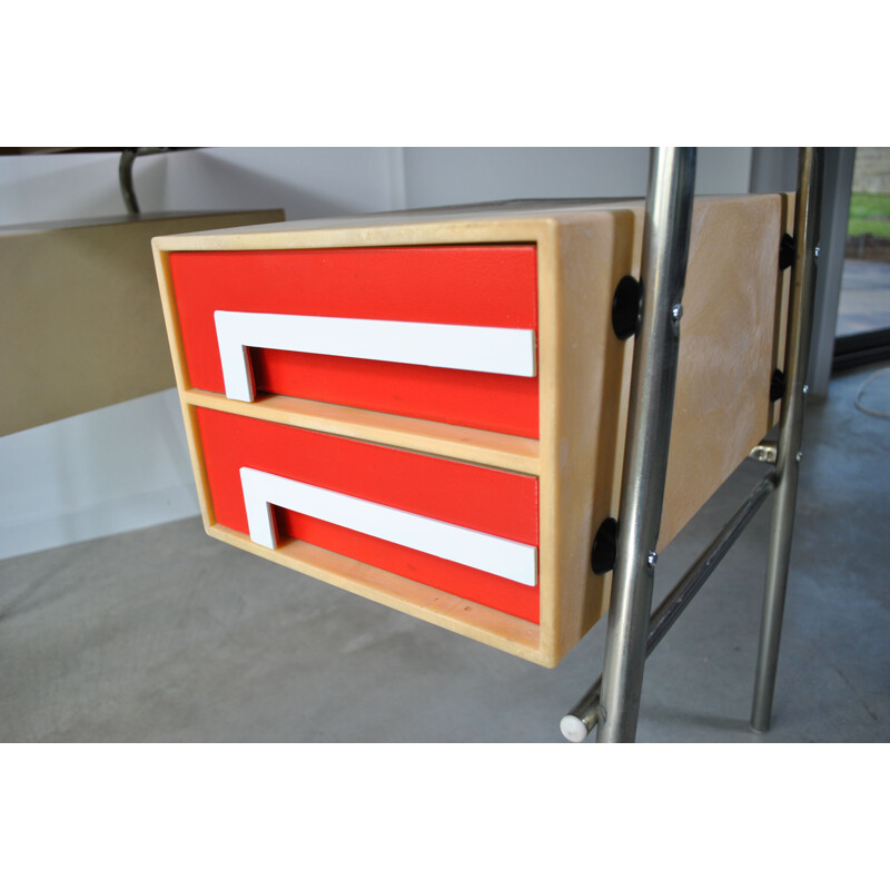 Vintage red desk with 4 drawers, 1970