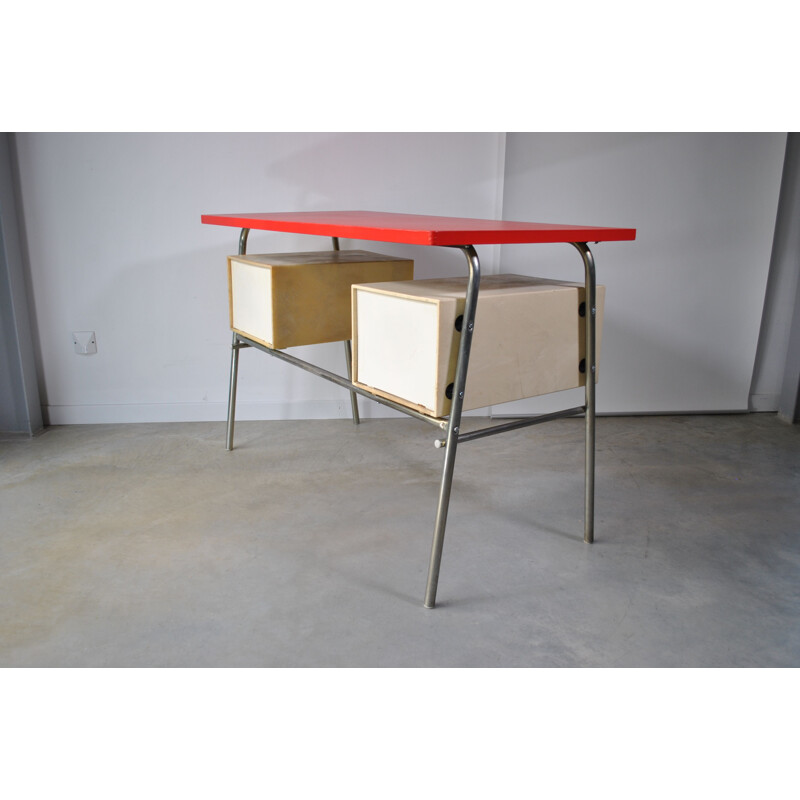 Vintage red desk with 4 drawers, 1970