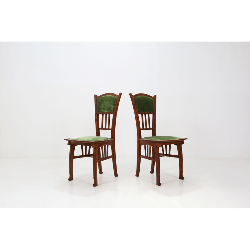 Pair of vintage oak wood and velvet chairs by Gustave Serrurier-Bovy, 1900