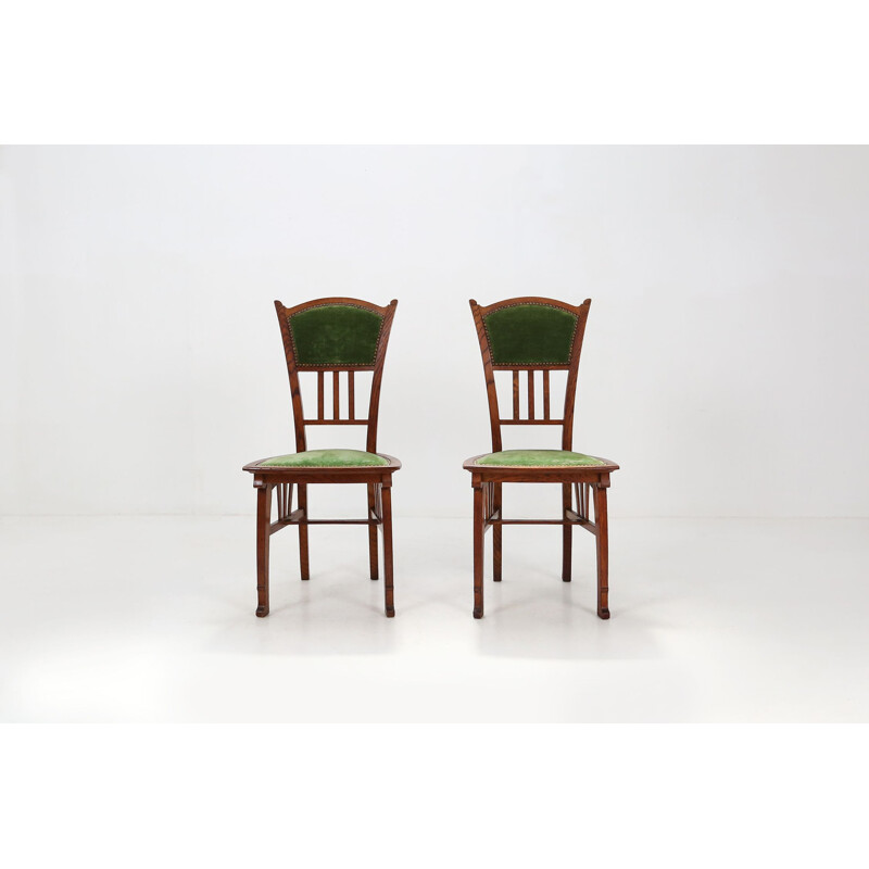 Pair of vintage oak wood and velvet chairs by Gustave Serrurier-Bovy, 1900