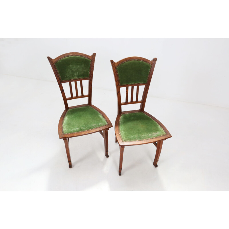 Pair of vintage oak wood and velvet chairs by Gustave Serrurier-Bovy, 1900