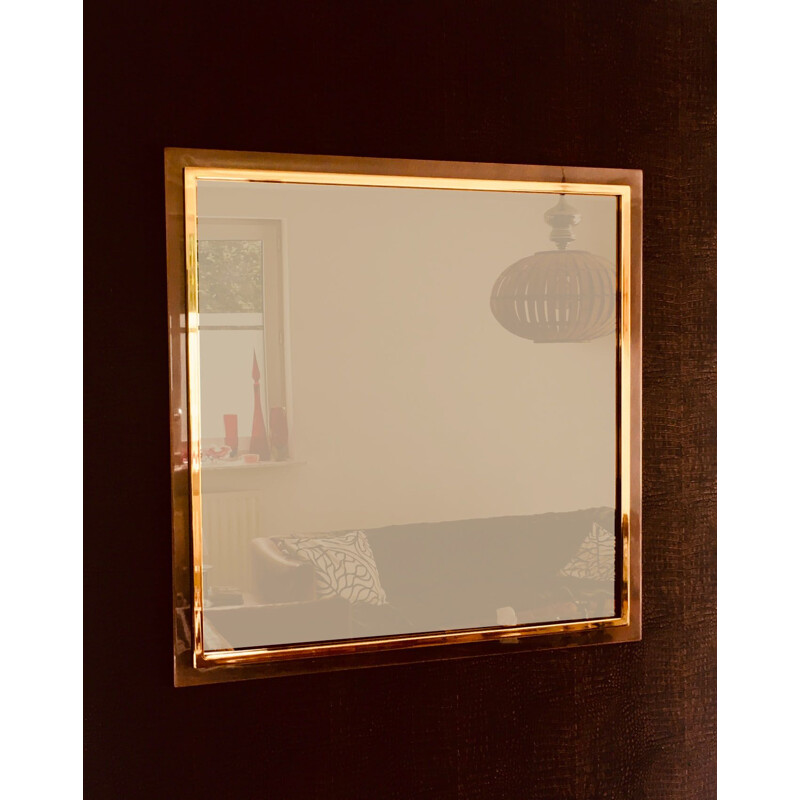 Postmoderner quadratischer Vintage-Spiegel aus Messing und bronziertem Metall von Belgo Chrom, Belgien 1980