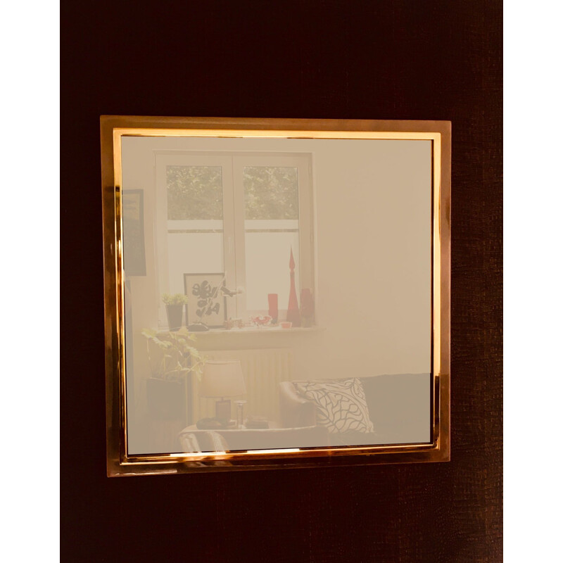 Vintage postmodern square mirror in brass and bronze metal by Belgo Chrom, Belgium 1980