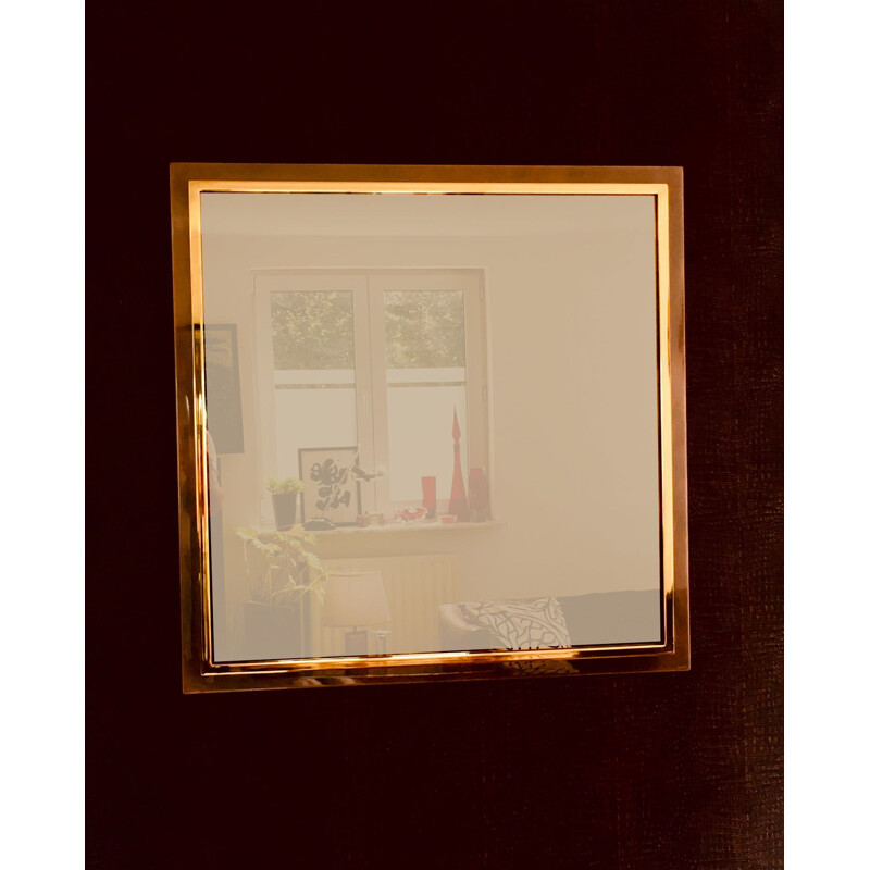 Specchio quadrato postmoderno vintage in ottone e metallo bronzato di Belgo Chrom, Belgio 1980