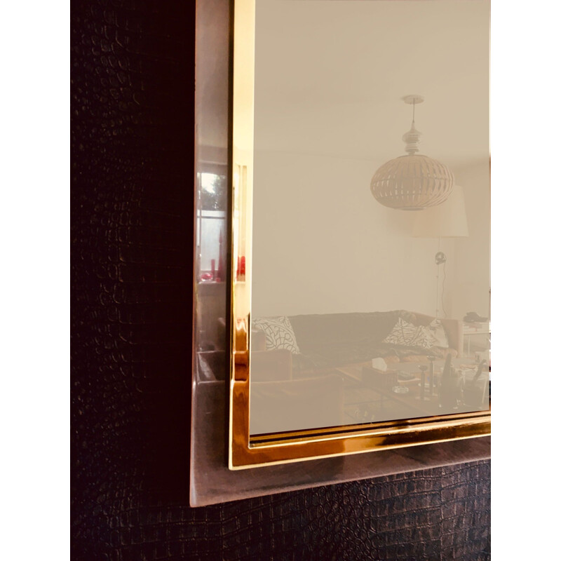 Vintage postmodern square mirror in brass and bronze metal by Belgo Chrom, Belgium 1980
