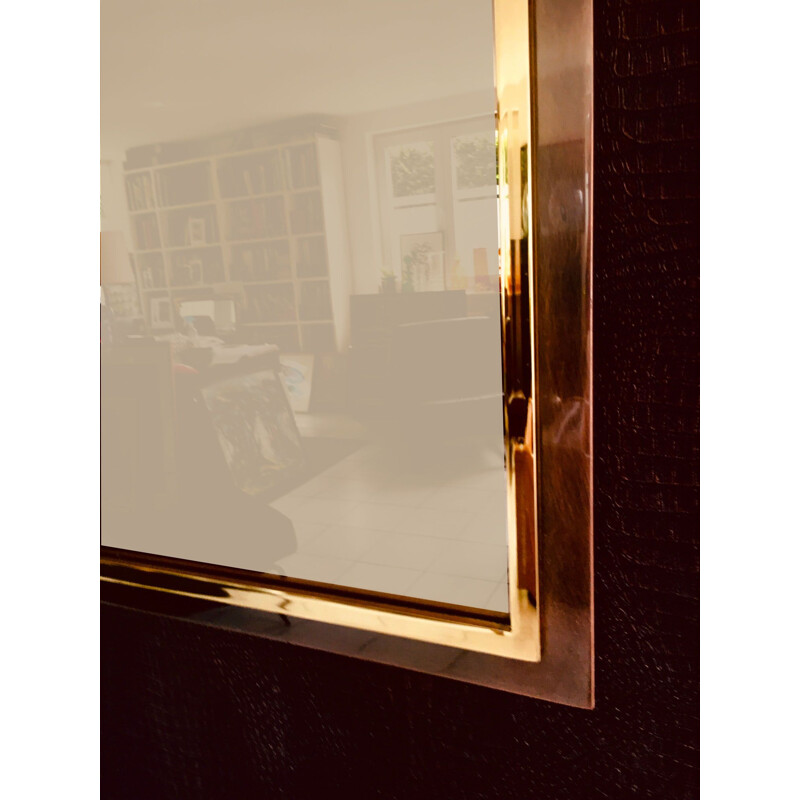 Vintage postmodern square mirror in brass and bronze metal by Belgo Chrom, Belgium 1980