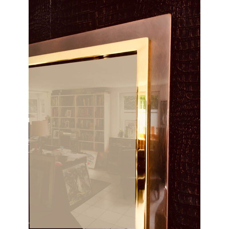 Vintage postmodern square mirror in brass and bronze metal by Belgo Chrom, Belgium 1980