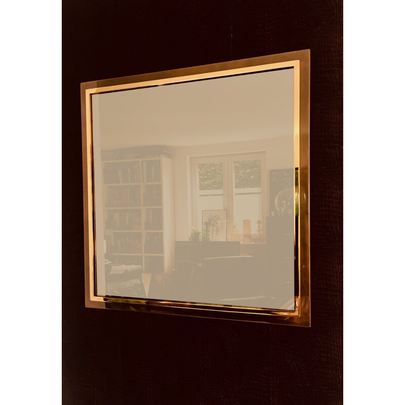 Espejo cuadrado postmoderno vintage en latón y metal bronceado por Belgo Chrom, Bélgica 1980