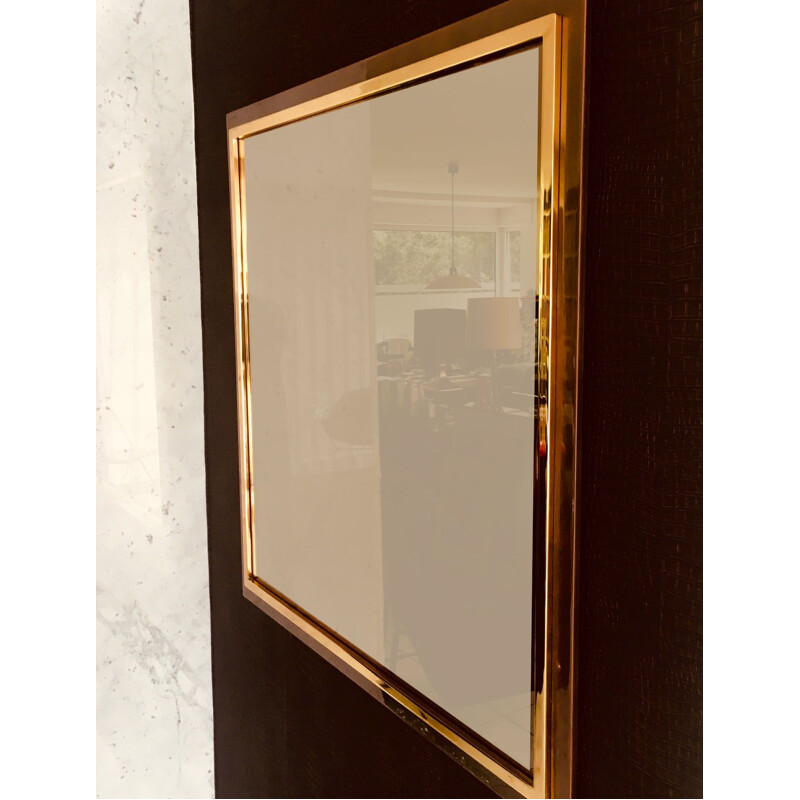 Specchio quadrato postmoderno vintage in ottone e metallo bronzato di Belgo Chrom, Belgio 1980