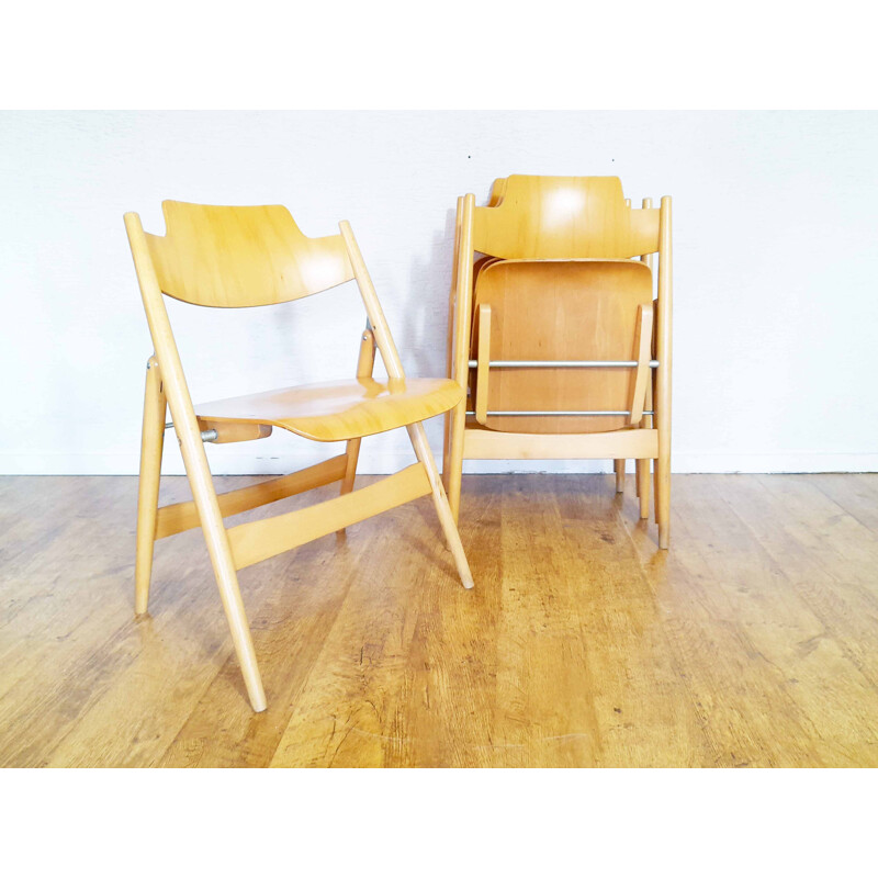 Set of 4 vintage solid stained beech folding chairs by Egon Eiermann for Wilde Spieth, Germany 1960