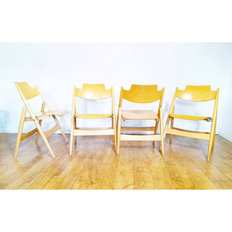 Set of 4 vintage solid stained beech folding chairs by Egon Eiermann for Wilde Spieth, Germany 1960