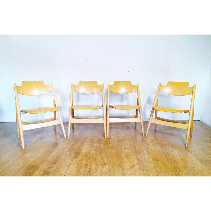 Lot de 4 chaises pliantes vintage en hêtre massif teinté par Egon Eiermann pour Wilde Spieth, Allemagne 1960